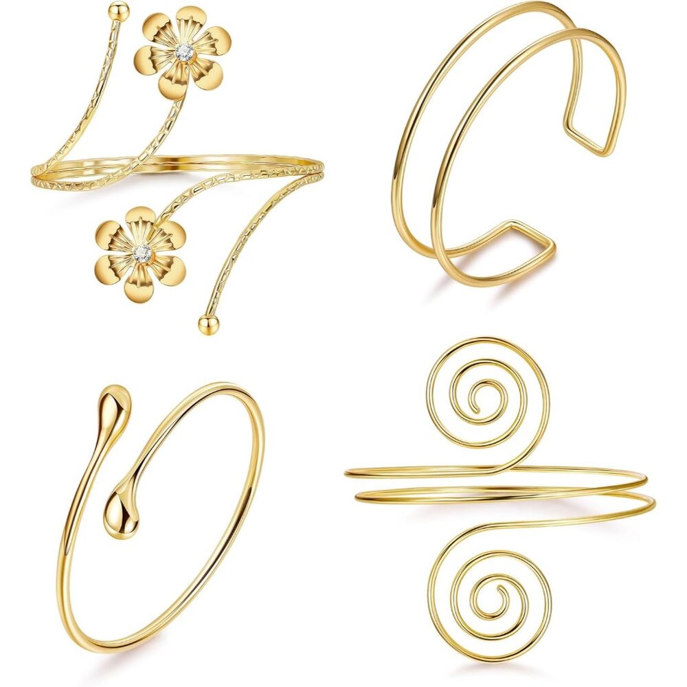 4pcs Upper Arm Cuff For Women Open Adjustable Arm Bracelets Minimalist Coil Arm